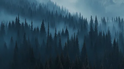 Papier peint photo intissé Misty forest. Foggy mountains. Misty spruce landscape banner