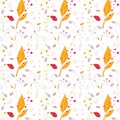 Autumn seamless pattern on a white background with pink and yellow leaves and branches. Suitable for decor, stationery, and gift wrapping. Cheerful and lively autumn look.