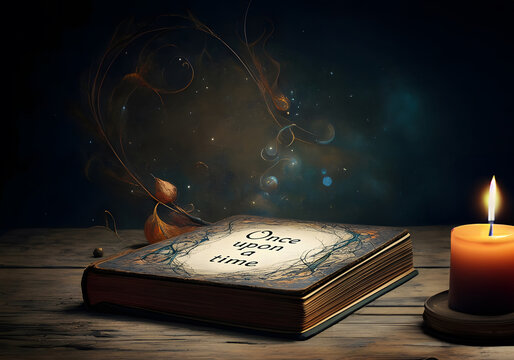An old fairy tale book "Once upon a time" lies on an old wooden table