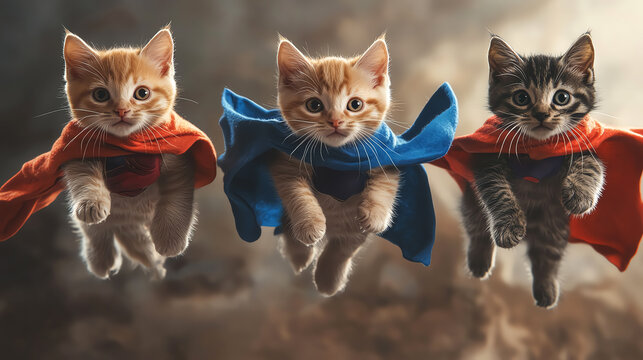 Three adorable kittens dressed as superheroes, flying in formation.