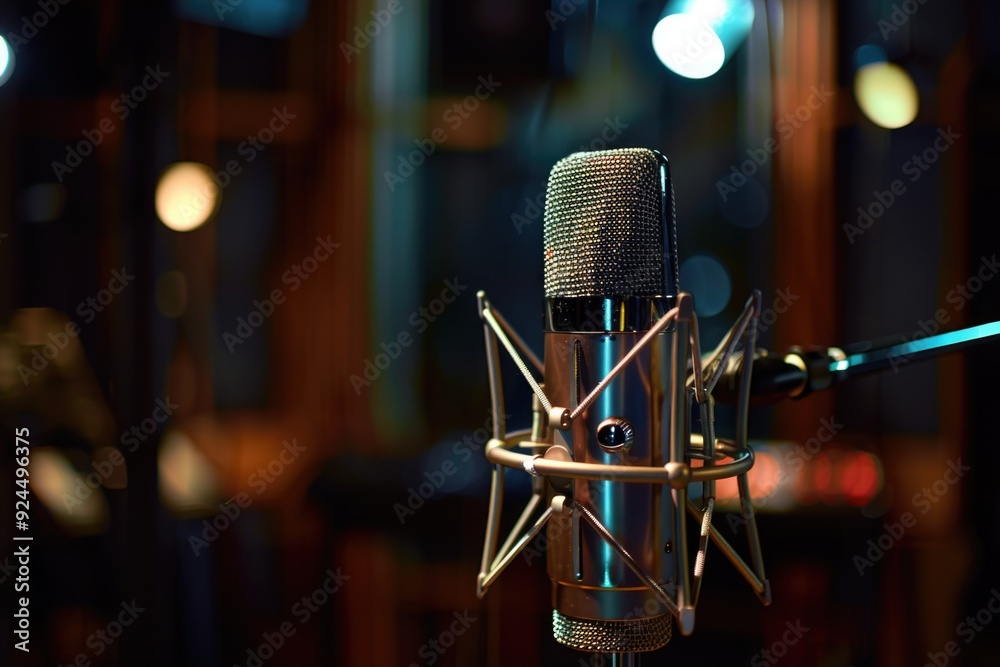 Poster A close-up shot of a microphone in a professional recording studio setting