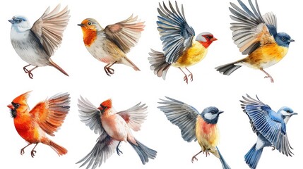 Obraz premium Colorful collection of vibrant birds in mid-flight showcasing diverse plumage and poses against a white background. Generative AI