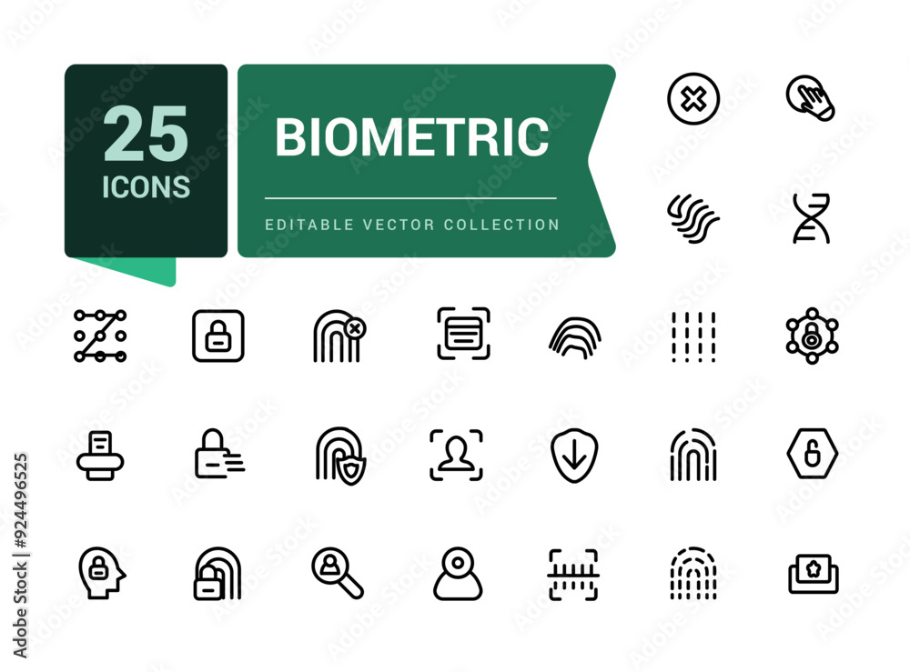 Wall mural set of biometric line icons related to data protection, cyber security, privacy. simple editable vec