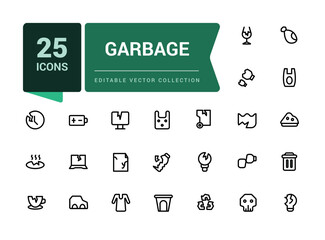 Garbage disposal icon set. Waste sorting. Pixel perfect, minimalistic outline icons collection. Editable vector illustration.