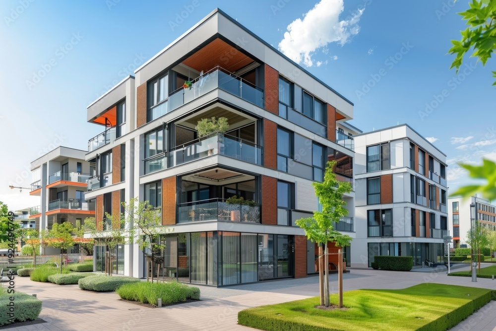 Poster a high-rise residential complex with multiple floors and outdoor spaces