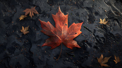 A single red maple leaf rests on a dark, textured background with scattered brown leaves.