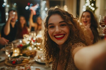 photo of a group of friends taking selfies at the Christmas table