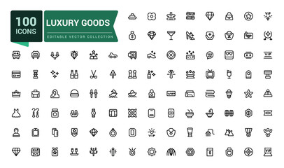 Luxury goods icon set. Related to leather goods. Pixel perfect, minimalistic web and UI icon. Outline icon collections. Editable vector illustration.