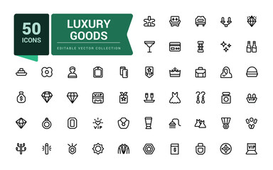 Luxury goods icon set. Related to leather goods. Pixel perfect, minimalistic web and UI icon. Outline icon collections. Editable vector illustration.