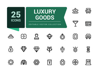 Luxury goods icon set. Related to leather goods. Pixel perfect, minimalistic web and UI icon. Outline icon collections. Editable vector illustration.