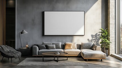 Modern Living Room with Sofa and Mockup Canvas.