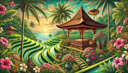 Obraz premium A serene Balinese island retreat features bamboo pavilion with thatched roofs
