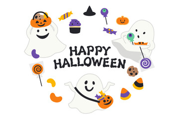 ハロウィンのお菓子とおばけ達の丸型フレーム