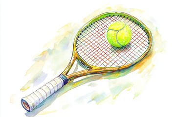 vibrant watercolor illustration oftennis racket andbright yellow tennis ball, evokingsense of energy and sport.