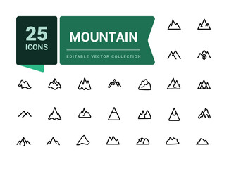 Mountain icons set. Related to rivers, lakes, nature landscape, hills, forest, wood, trees. Pixel perfect, minimalistic web and UI icon. Outline icon collections.