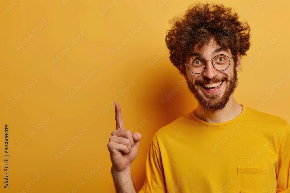 Poster a man with a beard and glasses holds up his index finger, making a point