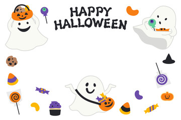 ハロウィンのお菓子とおばけ達のかわいいフレーム背景 © yamako