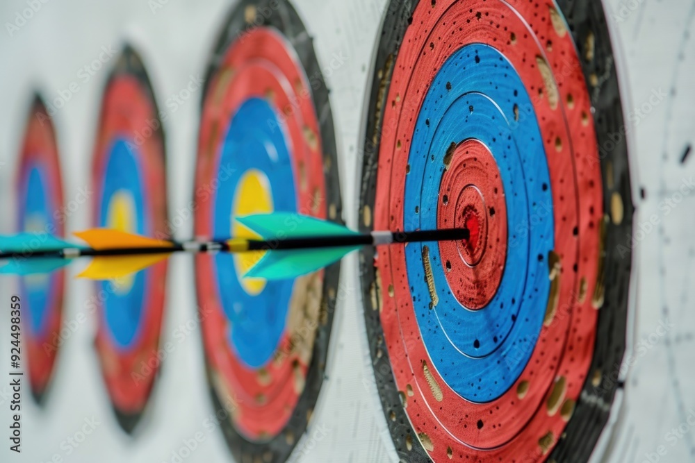 Poster group of arrows stuck in the center of a bullseye target, ready to be retrieved