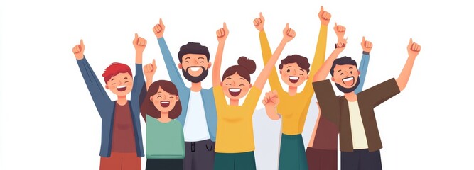 Fototapeta premium A happy group of people celebrating success together, cheering and showing thumbs up, isolated on a white background.