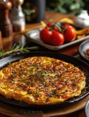 Elegant Plating of Traditional Spanish Tortilla in High End Restaurant, Gourmet Omelette