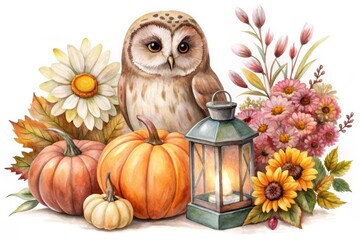Autumn Watercolor Illustration with Owl, Pumpkins, and Lantern isolated on white background