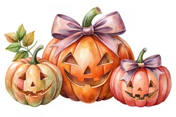 Watercolor Jack-O-Lantern Pumpkins with Bow isolated on white background
