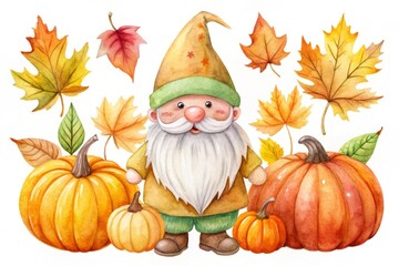 Watercolor Gnome with Pumpkins and Autumn Leaves isolated on white background