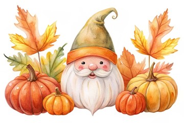 Watercolor illustration of a gnome with pumpkins and autumn leaves isolated on white background