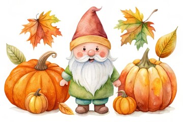 Autumn Gnome with Pumpkins and Leaves isolated on white background
