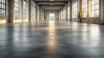 Spacious industrial interior with concrete floor.