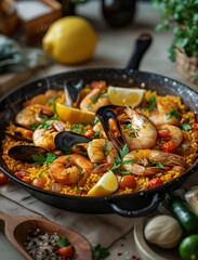 Close up food photography of traditional Spanish seafood Paella in cast iron pan