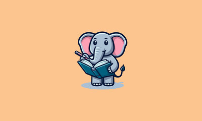 character elephant writing on the book vector mascot design
