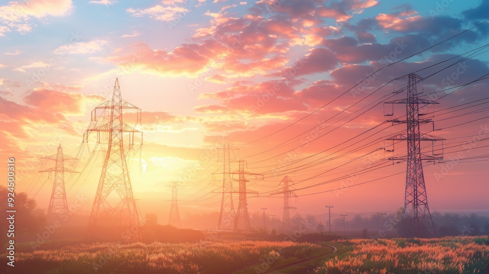 Poster A green field with power lines visible in the background