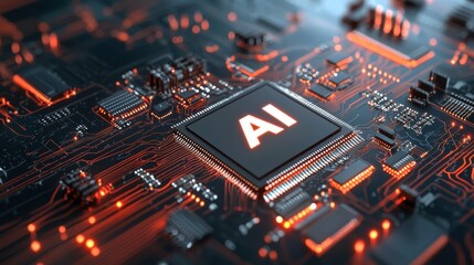 Obraz premium Photorealistic aerial view of an advanced computer AI concept, highlighting the central 