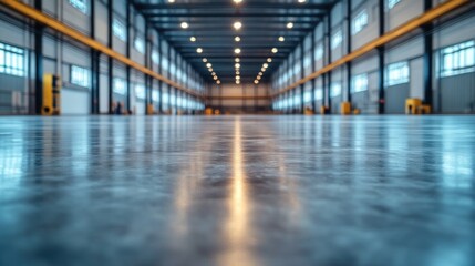 Warehouse interior with lights and polished concrete ground.