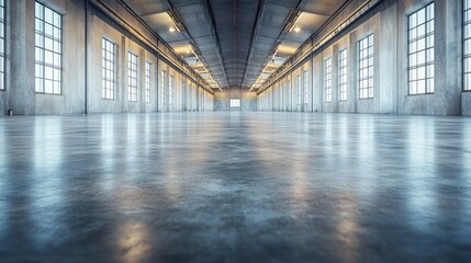 Long warehouse with a reflective polished concrete floor.