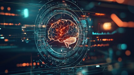 Obraz premium A futuristic game show logo with a central fusion of a robot brain and a human brain, connected by a glowing neural network, set against a backdrop of futuristic technology and holographic patterns