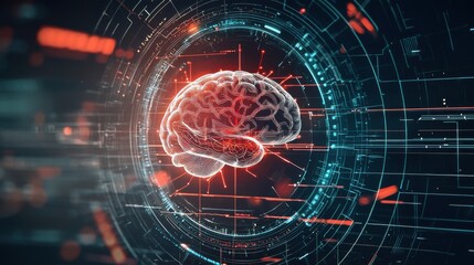 Fototapeta premium A futuristic game show logo with a central fusion of a robot brain and a human brain, connected by a glowing neural network, set against a backdrop of futuristic technology and holographic patterns