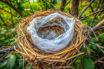 plastic bag trash in bird nest on tree
