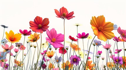 Colorful flowers copy space on white background.