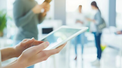 Fototapeta premium Closeup of a Woman's Hands Holding a Tablet in a Modern Office