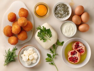 Ingredients for croquetas in Spanish cooking knolling style on beige background