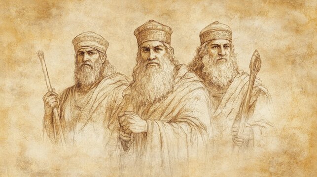Judges: Othniel, Ehud, and Shamgar, Three Judges United in Mission to Deliver Israel, Biblical Illustration, Bible Wall Art on Beige Background