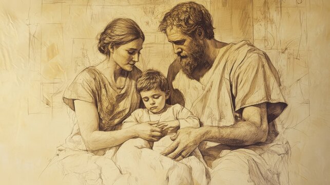 Judges: Birth of Samson, Family Scene with Manoah, Wife, and Young Samson, Faith and Obedience, Biblical Illustration, Bible Wall Art on Beige Background