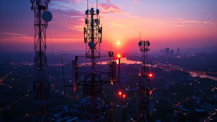 A breathtaking sunset illuminates the skyline, highlighting telecommunications towers, with shimmering lights reflecting on the river, creating a serene yet vibrant atmosphere.
