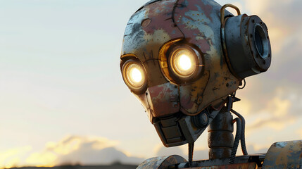 Close-up of a rusty robot head with glowing eyes, looking up at the sunset.