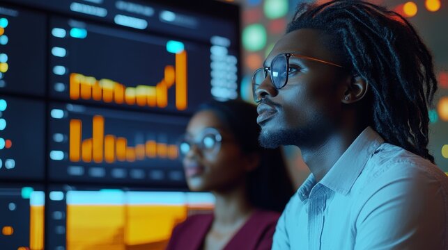 African Financial Data Analysts Using Dashboard On Screens, Generative AI