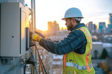 Engineer Working on Rooftop Electrical Systems at Sunrise