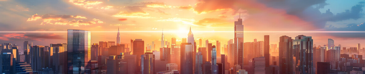 Fototapeta premium A cityscape with tall buildings and a golden sunset sky.