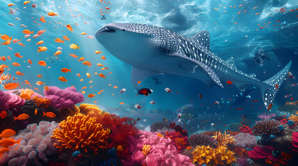 Whale shark swimming above colorful coral reef.